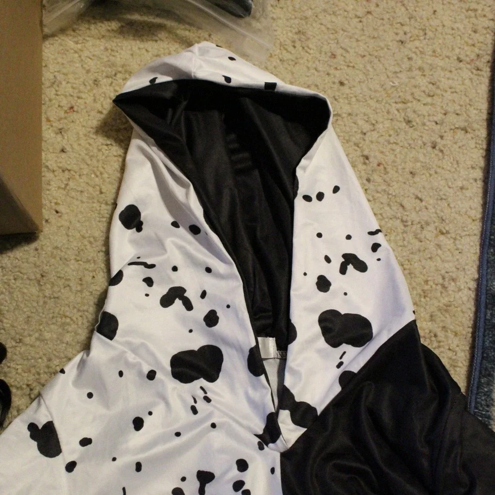 Cruella Costume Dress Wig Set Kids Size 10/12 Black White Dalmatian Goth Cosplay